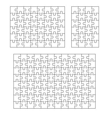 Puzzle. Jigsaw pieces 24, 48 and 96 template, puzzles shape blank grids schema. Editable stroke path vector set and jigsaw mosaic seamless pattern