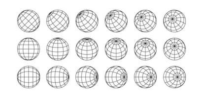 3D spheres grids. Globe meshes, ball in various position. Striped 3D orbs, earth globe grid linear wireframe vector line symbol isolated set