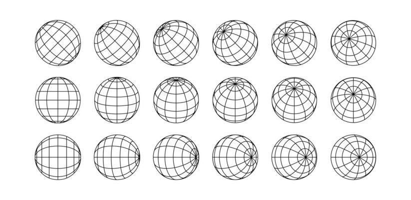 3D spheres grids. Globe meshes, ball in various position. Striped 3D orbs, earth globe grid linear wireframe vector line symbol isolated set