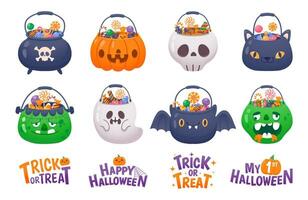 Halloween bucket with sweets. Trick or treat. Pumpkin buckets with candies, cat pack with lollipop, dessert inside skull bag, party ghost basket. Kids treat. Vector set