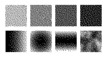 píxel texturas sin costura y degradado mosaico patrones, negro cuadrado partículas aleatorio puntos trama de semitonos geométrico efecto. aislado vector monocromo antecedentes