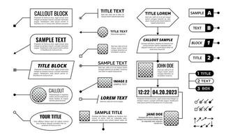 Callout titles. Text box with line arrows, lower third graphic. Infographics info shapes, textboxes. Call out vector isolated set