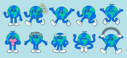 Cartoon mascot earth. Retro 70s comic character earth, walking vintage cute planet, happy globe with heart and flowers, stickers doodle world. Vector set