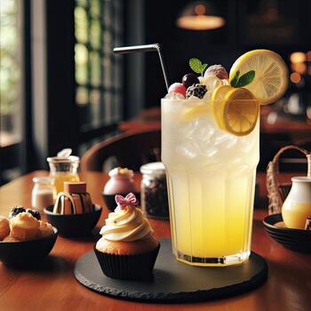 AI generated Lemon cocktail with cup cake AI Generative photo