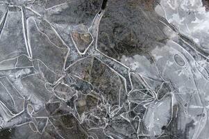 Frozen puddle with broken ice. photo