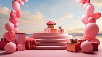 AI generated Pink podium mockup with pink balloon AI Generative photo