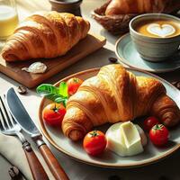 AI generated Breakfast croissant with a cup coffee with light exposure AI Generative photo