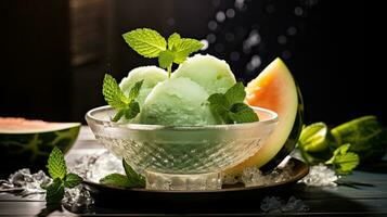 AI generated Fresh melon ice with mint leaf on the table AI Generative photo