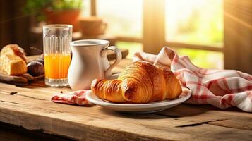 ai generado desayuno cuerno con un taza café ai generativo foto