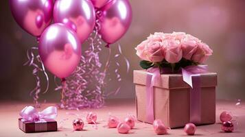 AI generated Luxury gift box with balloon and rose flower AI Generative photo