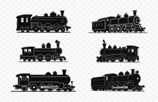 locomotora silueta manojo, conjunto de antiguo tren negro vector