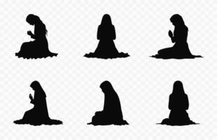 musulmán mujer Orando silueta vector colocar, hembra musulmán Orando negro siluetas haz