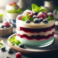 AI generated Delicious berry pudding with mint leaves AI Generative photo
