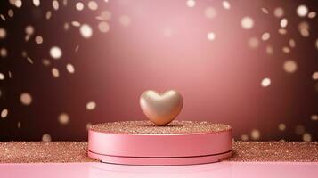 AI generated Portrait gold heart on the pink podium AI Generative photo