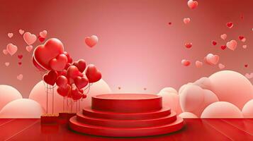 AI generated Luxury red podium with red heart balloon AI Generative photo