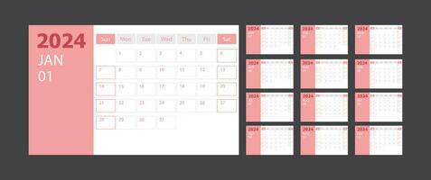 Calendar 2024 week start Sunday corporate design planner template with purple theme vector