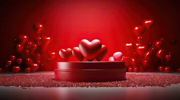 AI generated Red podium with red heart balloon AI Generative photo