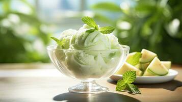 ai generado Fresco melón hielo con menta hoja en el mesa ai generativo foto