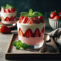 AI generated Strawberry pudding with mint leaves AI Generative photo