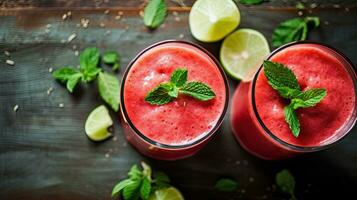 ai generado Fresco sandía jugo con menta hoja ai generativo foto