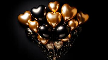 AI generated Black gold heart balloon on the black background AI Generative photo