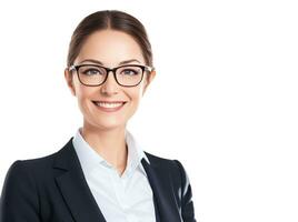 ai generado de cerca retrato de contento hermosa negocio mujer vistiendo lentes en pie y contento cara sonriente terminado aislado blanco antecedentes con recorte camino foto