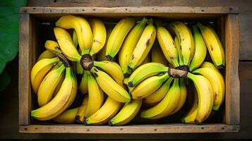 ai generado dulce plátano en el de madera caja ai generativo foto