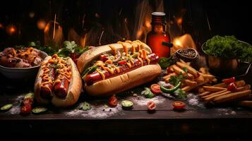 AI generated Delicious hotdog on the wooden table AI Generative photo