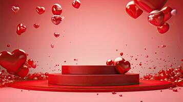 AI generated Red product podium with red heart balloon AI Generative photo