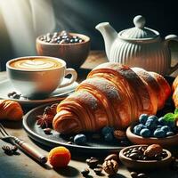 AI generated Breakfast croissant with a cup coffee with light exposure AI Generative photo