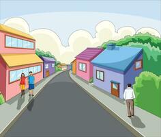 Vector illustration showing houses in a locality and people roaming around