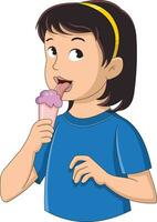 niña saboreo helado con lengua vector ilustración