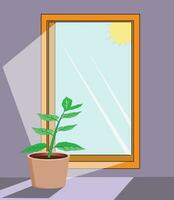 Glass mirror with potted plant in front and reflection of sun on it vector