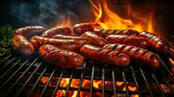 AI generated Grilled sausage with fire burning AI Generative photo