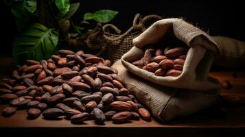 ai generado un saco cacao en el mesa ai generativo foto