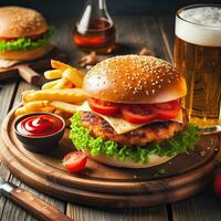 ai generado delicioso carne de vaca hamburguesa con un vaso cerveza en el mesa ai generativo foto