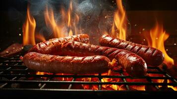 AI generated Grilled sausage with fire burning AI Generative photo