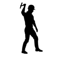 Silhouette of a worker in action pose using his axe tool. vector