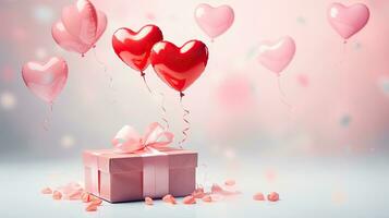 AI generated Portrait gift box with pink heart balloon AI Generative photo