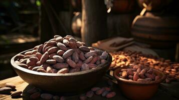 AI generated Portrait cocoa bean on the bowl with light exposure AI Generative photo