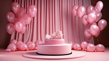 AI generated Pink product podium with balloon on the curtain background AI Generative photo