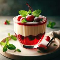 AI generated Creamy cherry pudding with mint leaves AI Generative photo