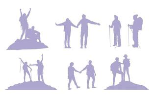Couple hiker in mountain silhouettes, Couple hiking silhouette, Hiking together silhouette vector