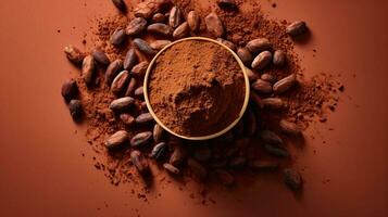 AI generated Top view cocoa powder with cocoa bean AI Generative photo