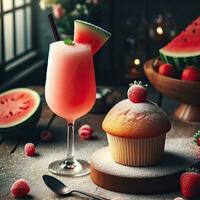 AI generated Strawberry juice with cup cake on the table AI Generative photo