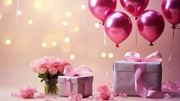 AI generated Luxury gift box with flower and pink balloon AI Generative photo