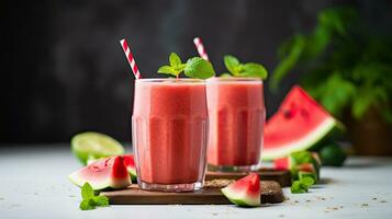 ai generado Fresco sandía jugo con menta hoja ai generativo foto