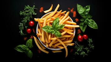 AI generated French fries with basil leaf on the plate AI Generative photo