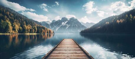 AI generated Wooden jetty on quiet lake with mountains in background. generative ai. photo