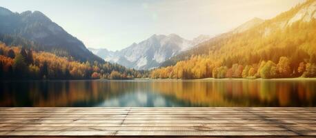 AI generated Empty wooden table with lake landscape background. generative ai. photo